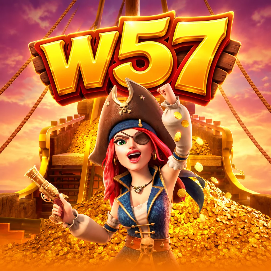 Karakter kapten bajak laut wanita dengan latar tumpukan koin emas pada Queen Bounty di w57